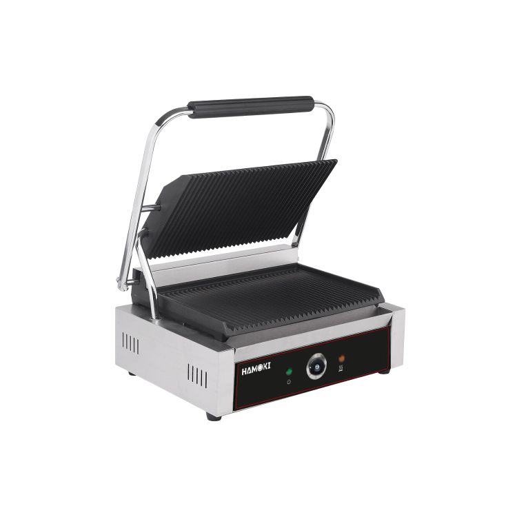 Hamoki PG-MA Single Large Bistro Contact Grill Ribbed Top and Bottom Plate. 13 amp Plug In Panini Grill