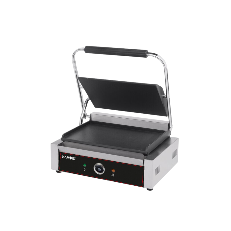 Hamoki PG-MB Single Large Bistro Contact Grill Smooth Flat Top and Bottom Plates. 13 amp Plug In Panini Grill