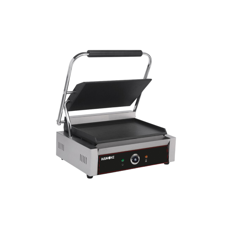 Hamoki PG-MB Single Large Bistro Contact Grill Smooth Flat Top and Bottom Plates. 13 amp Plug In Panini Grill