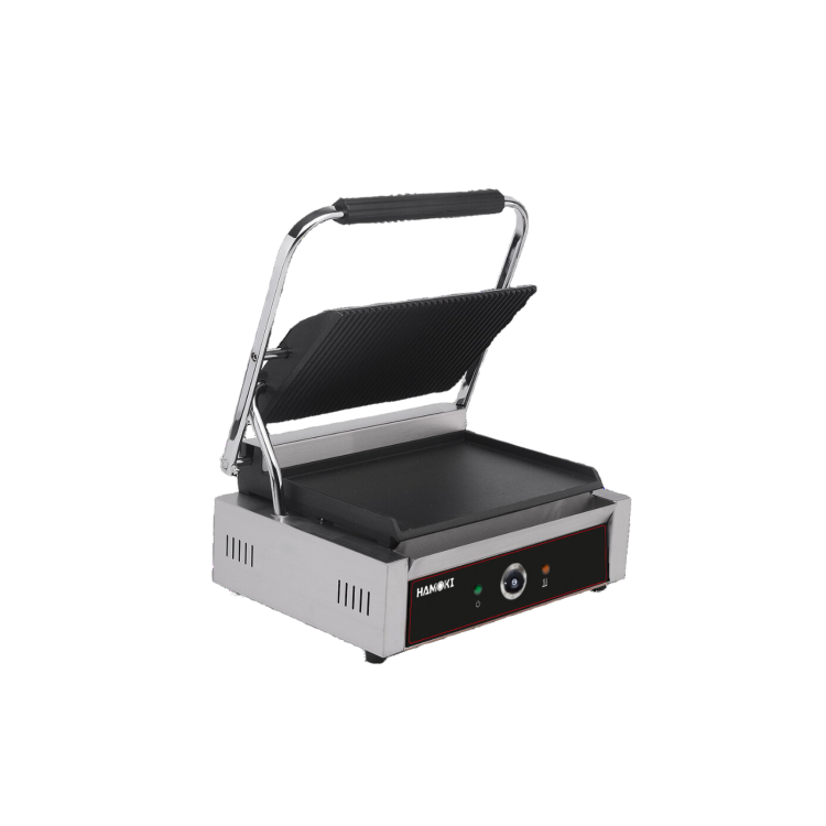 Hamoki PG-MC Single Large Bistro Contact Grill Ribbed Top & Flat Bottom Plate. 13 amp Plug In Panini Grill