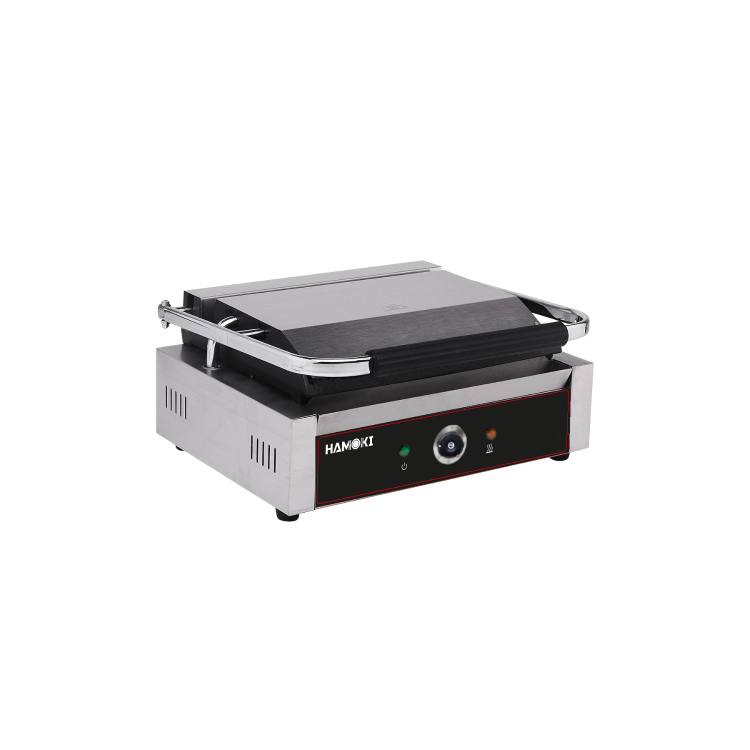 Hamoki PG-MC Single Large Bistro Contact Grill Ribbed Top & Flat Bottom Plate. 13 amp Plug In Panini Grill