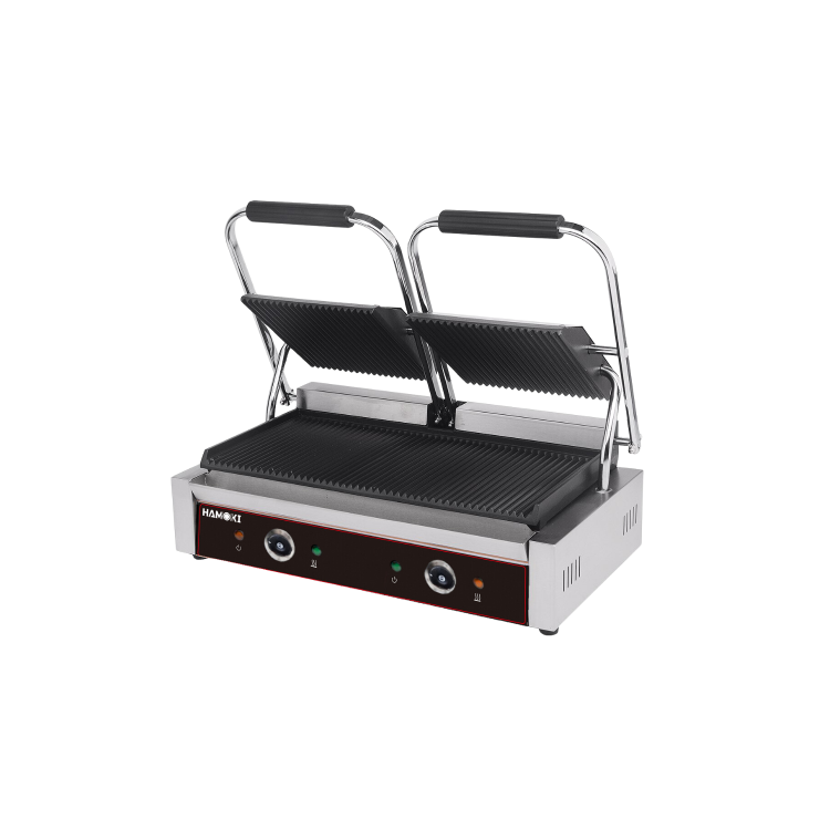 Hamoki PG-25A Twin Contact Grill Ribbed Top and Bottom Plates. 2 x 13 amp Plug In Panini Grill