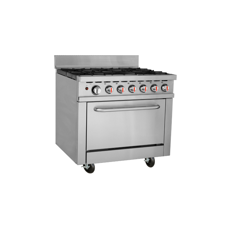 Hamoki HKR-6S Heavy Duty Commercial 6 Burner Gas Range Cooker Natural Gas On Castors Includes LPG Conversion Jets 211000 BTU - 47kW