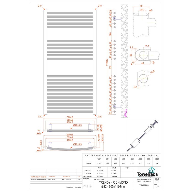 Towelrads Richmond Chrome Towel Radiator - 1186 x 600mm