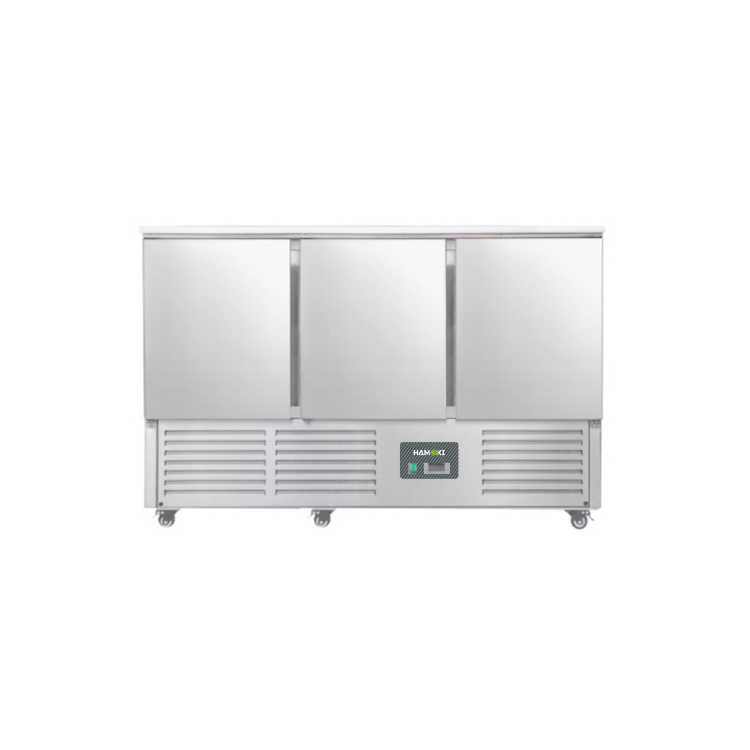 Hamoki S903SSTOP 3 Door Refrigerated Salad Prep Counter Solid Stainless Steel Top 346ltr