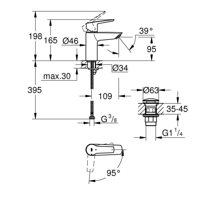 Grohe Start SilkMove EnergySaving Cloakroom Mono Basin Mixer Tap with Waste - Matt Black