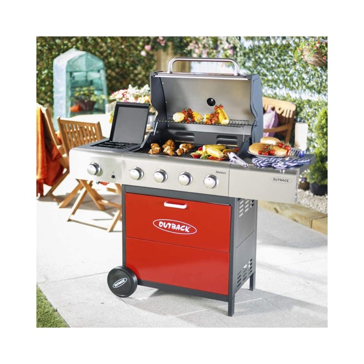 Outback Meteor - 4 Burner Gas BBQ Grill with Side Burner - Red