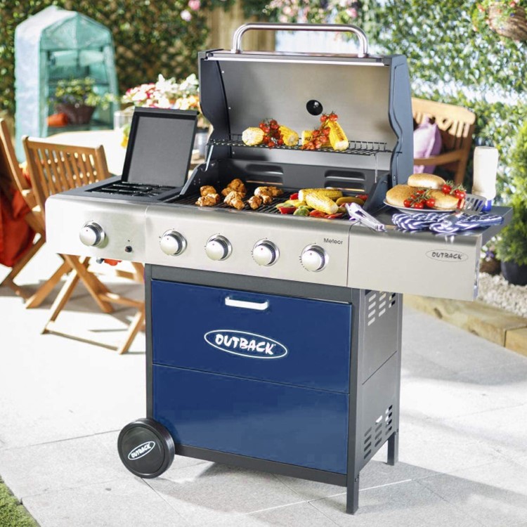 Outback Meteor - 4 Burner Gas BBQ Grill with Side Burner - Blue