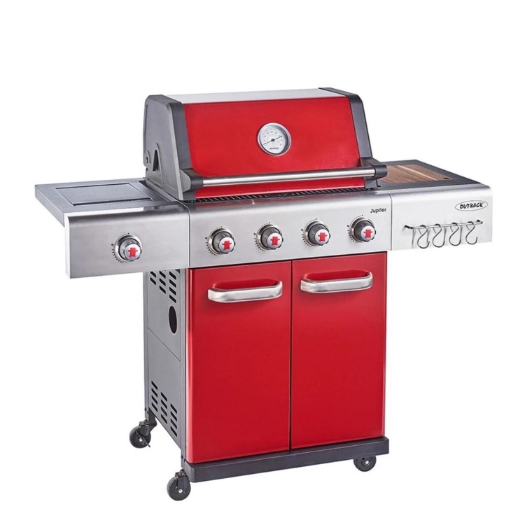 Outback Jupiter - 4 Burner Gas Hybrid BBQ Grill with Side Burner - Red