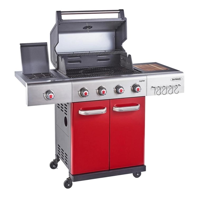 Outback Jupiter - 4 Burner Gas Hybrid BBQ Grill with Side Burner - Red