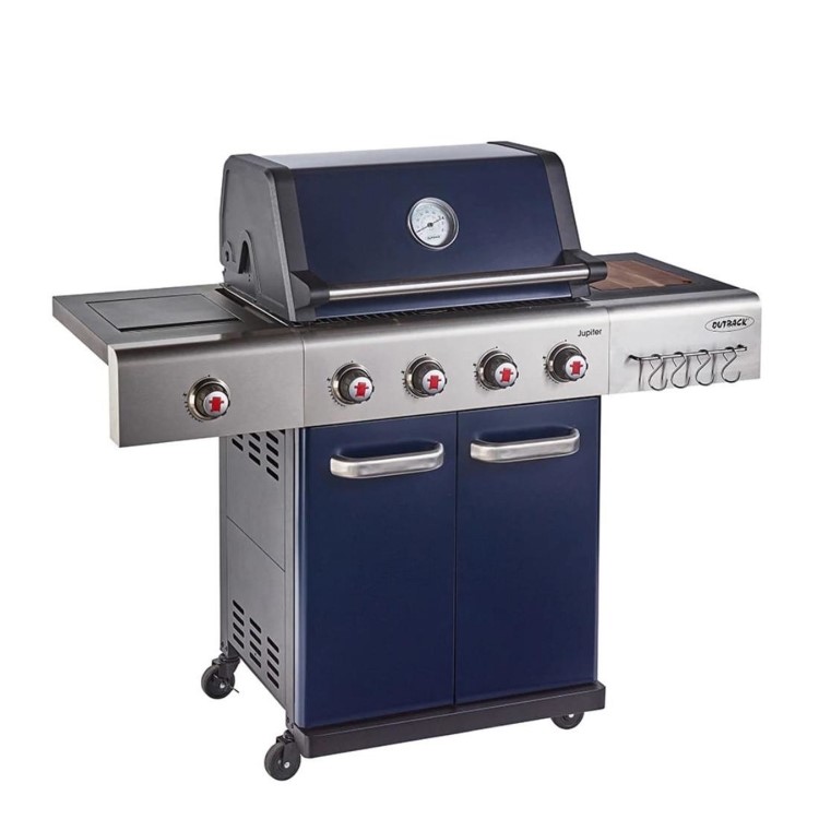 Outback Jupiter - 4 Burner Gas Hybrid BBQ Grill with Side Burner - Blue