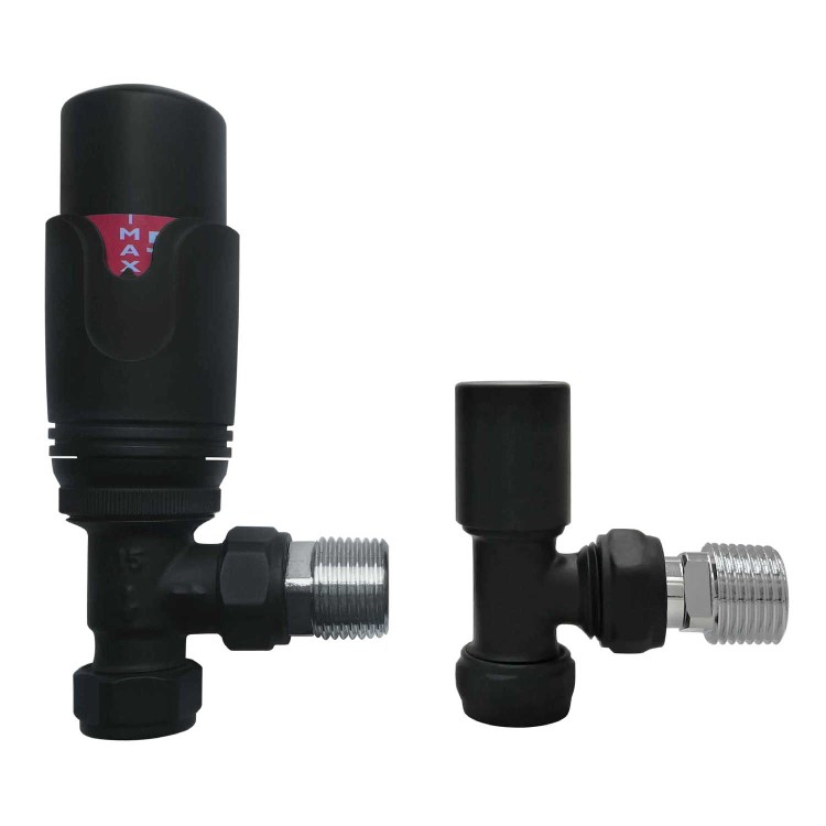 GRADE A2 - Matt Black Thermostatic Angled Radiator Valves