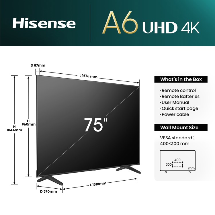 Refurbished Hisense A6N 75" 4K Ultra HD with HDR10 Freeview HD LED Smart TV