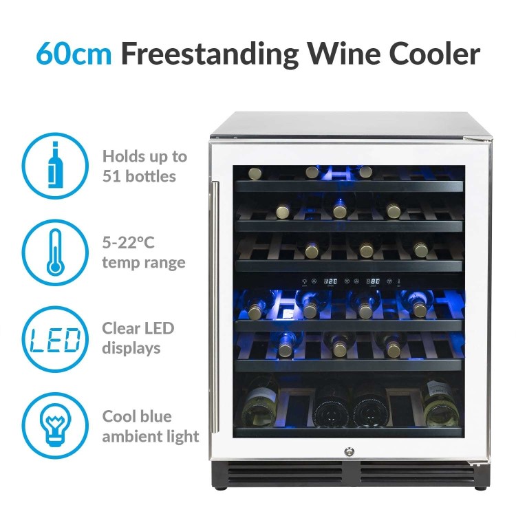 electriQ 51 Bottle Freestanding Under Counter Wine Cooler Dual Zone 60cm Wide 82cm Tall - Stainless Steel