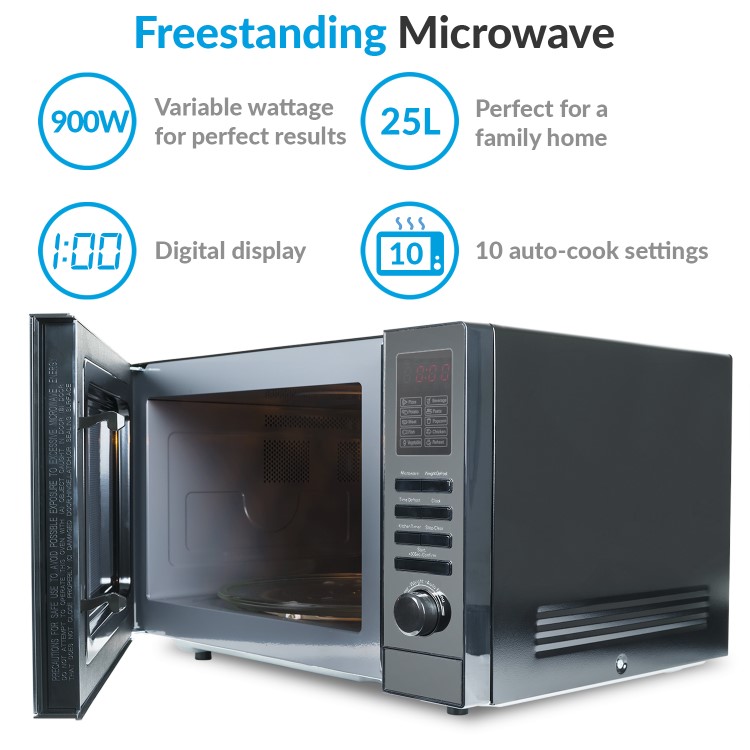 electriQ 25L 900W Freestanding Microwave with Digital Display - Black