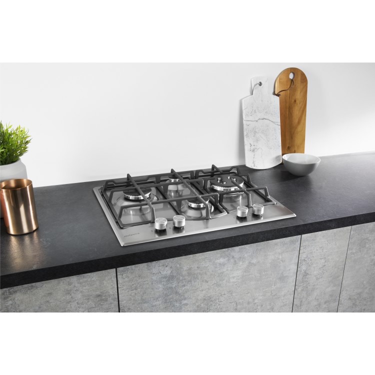 Hotpoint 59cm 4 Burner Gas Hob with Wok Burner - Stainless Steel