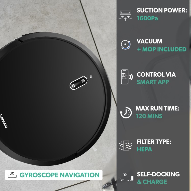 Refurbished Lenovo E1 1600Pa Robot Vacuum Cleaner Gyroscope Navigation with Intelligent Floor Carpet Sweeping and Mopping - 2600mAh Battery 