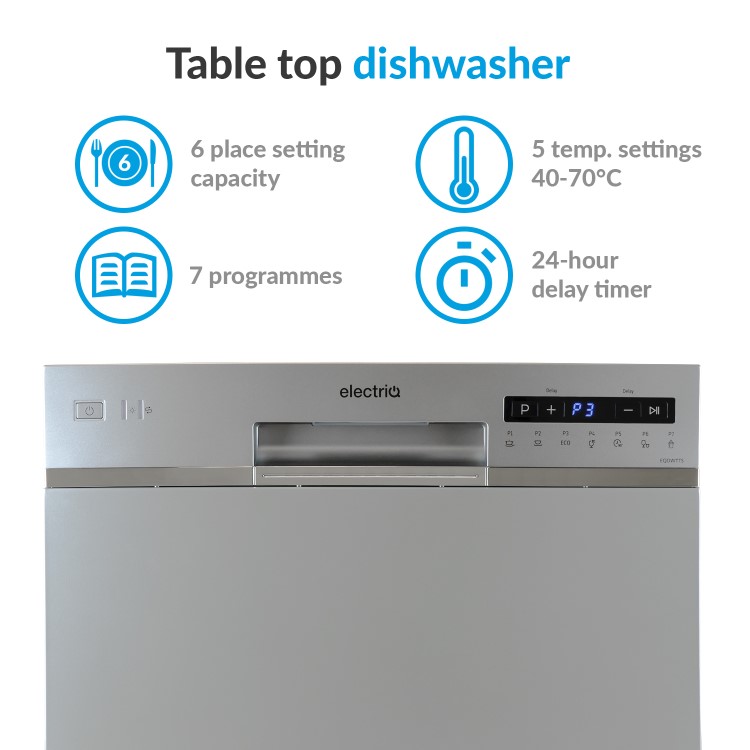 GRADE A3 - electriQ EQDWTTS Freestanding 6 Place Compact Table Top Dishwasher - Silver