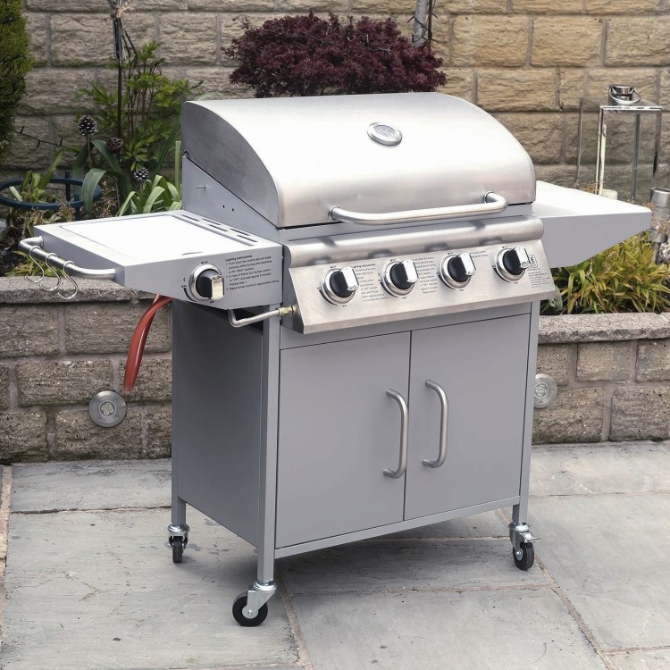 Boss Grill Georgia Classic - 4 Burner Gas BBQ Grill with Side Burner - Silver