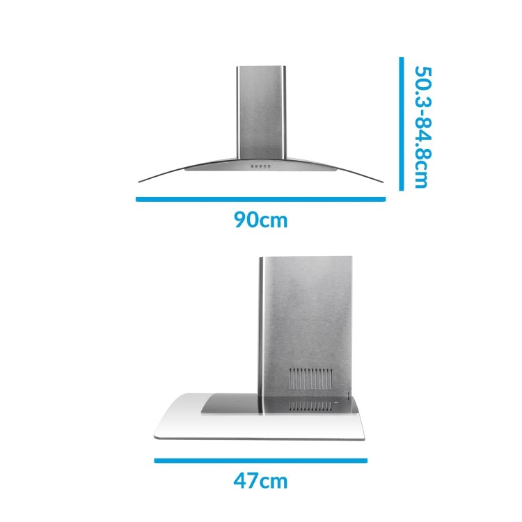 electriQ 90cm Curved Glass Chimney Cooker Hood - Stainless Steel