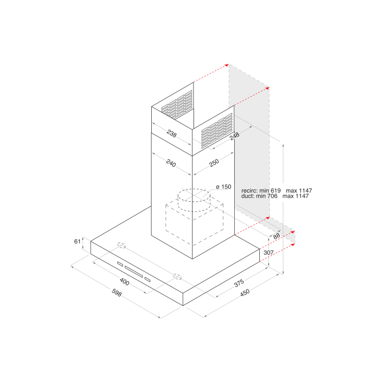 Refurbished Hotpoint PHBS67FLLIX 60cm Slimline Chimney Cooker Hood Stainless Steel