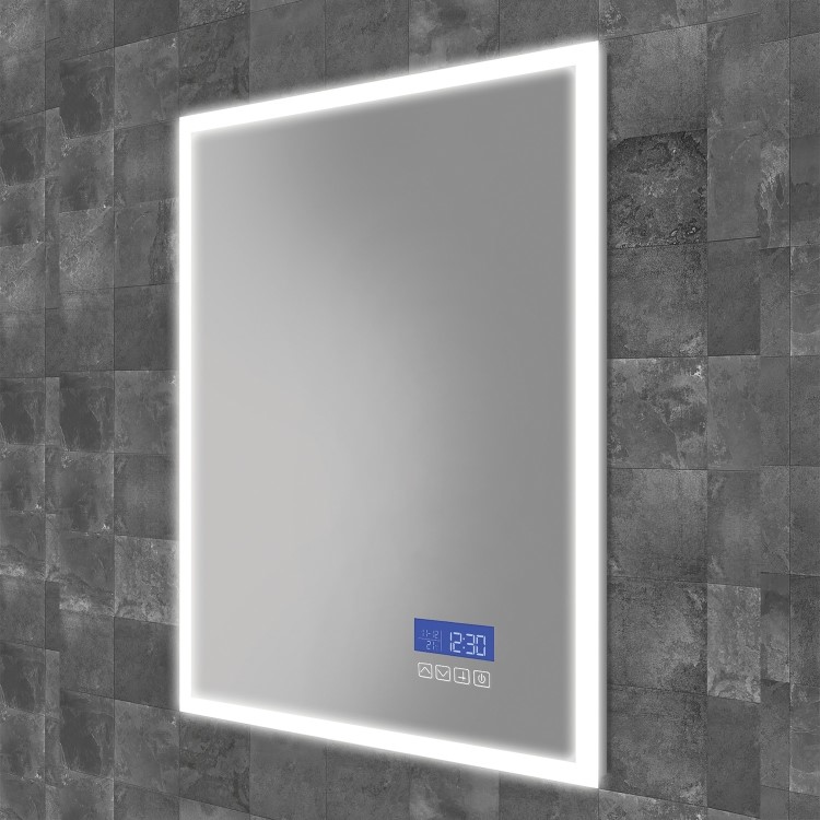 Rectangular Heated Bathroom Mirror with Lights Digital Display Shaver Socket & Bluetooth Speakers 500 x 700mm- HiB Globe Plus 50