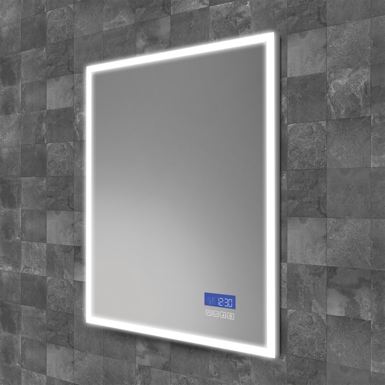 Rectangular Heated Bathroom Mirror with Lights Digital Display Shaver Socket & Bluetooth Speakers 600 x 800mm- HiB Globe Plus 60