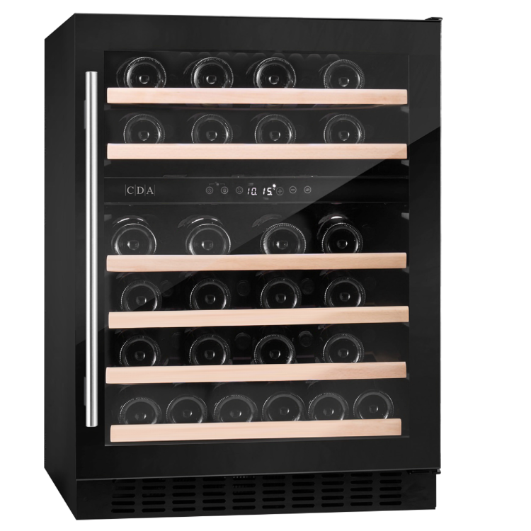 CDA 46 Bottle Capacity Dual Zone 60cm Freestanding Under Counter Wine Cooler - Black Glass