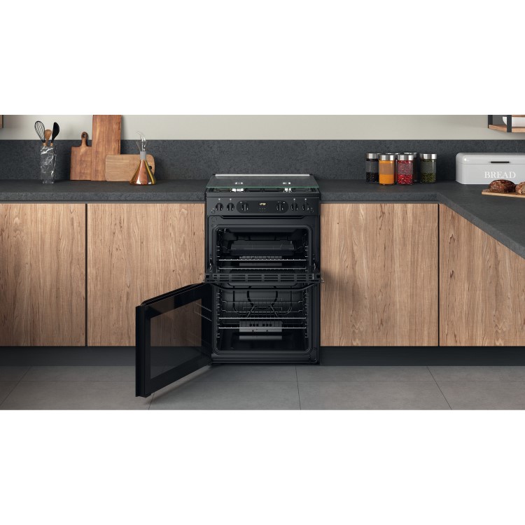 Hotpoint 60cm Double Oven Gas Cooker with Lid - Black