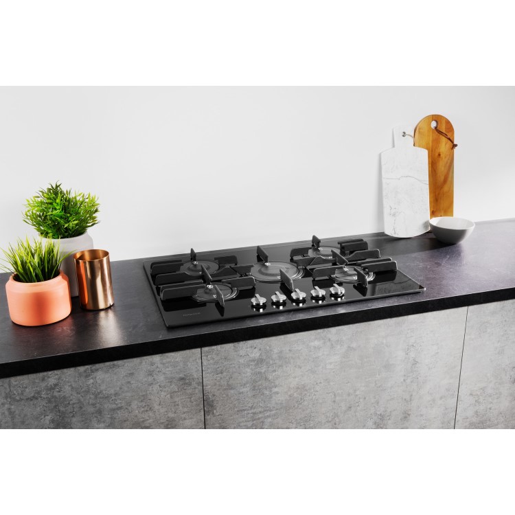 Hotpoint 75cm 5 Burner Gas on Glass Gas Hob with Vertical Flame - Black