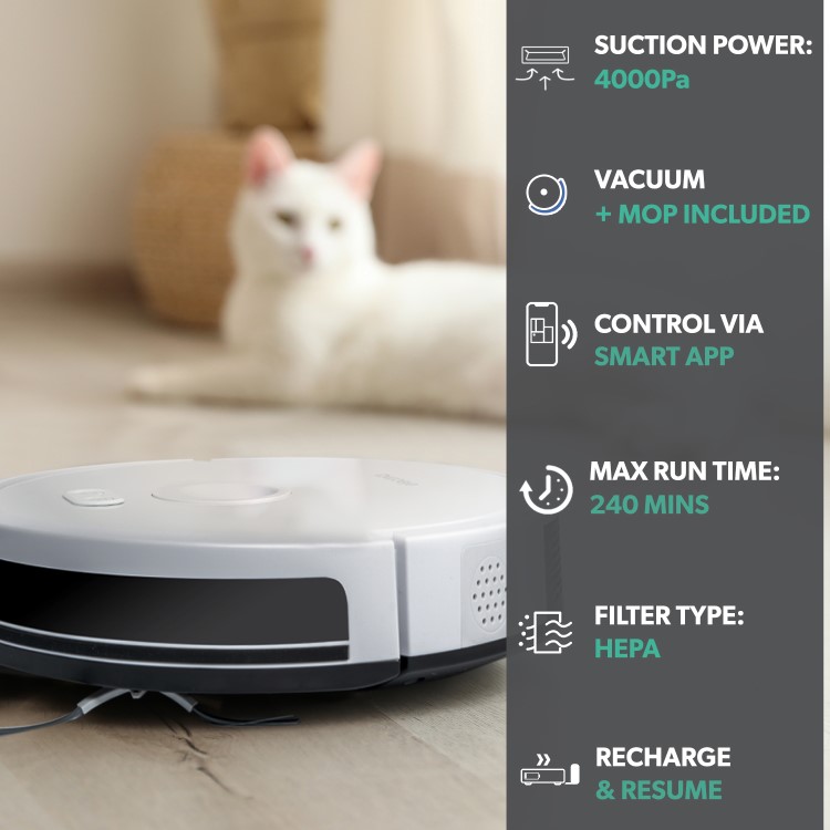 electriQ TONY Robotic Vacuum Cleaner and Mop - 4000Pa Suction - White