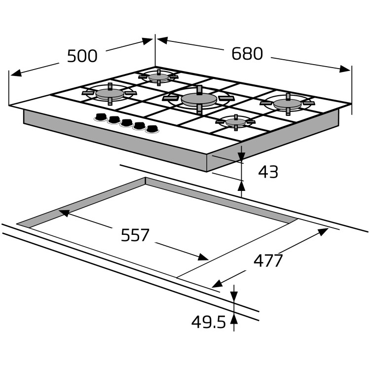 Amica 68cm 5 Burner Gas Hob - Stainless Steel