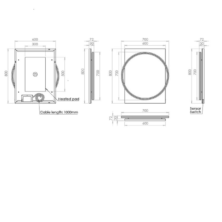 Black Round Heated Bathroom Mirror with Lights 600 x 800mm- HiB Solas 60