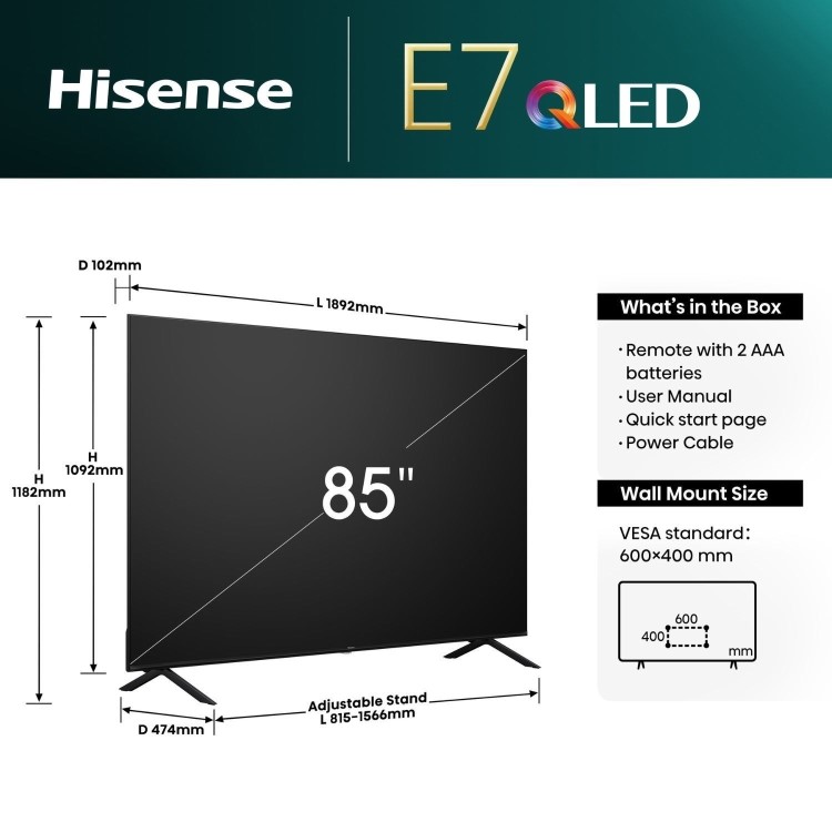 Hisense E7N 85 inch Smart 4K Ultra HD QLED TV