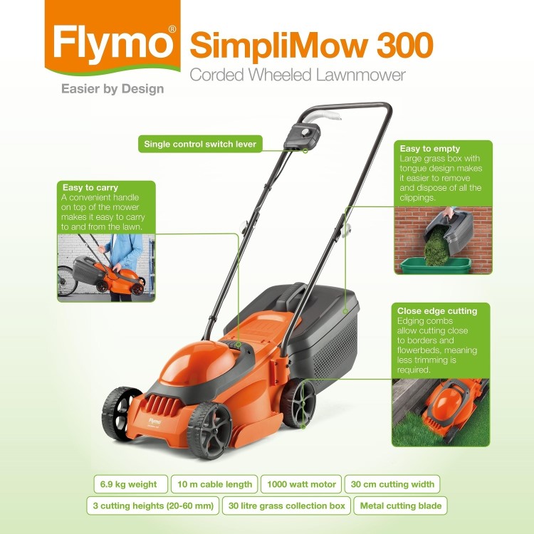 Flymo SimpliMow 300 30cm Corded Electric Lawnmower & MiniTrim