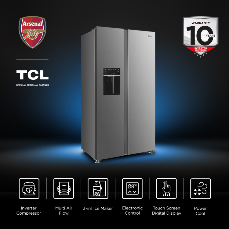 TCL 513 Litre Side-By-Side American Fridge Freezer with Water Dispenser - Stainless Steel