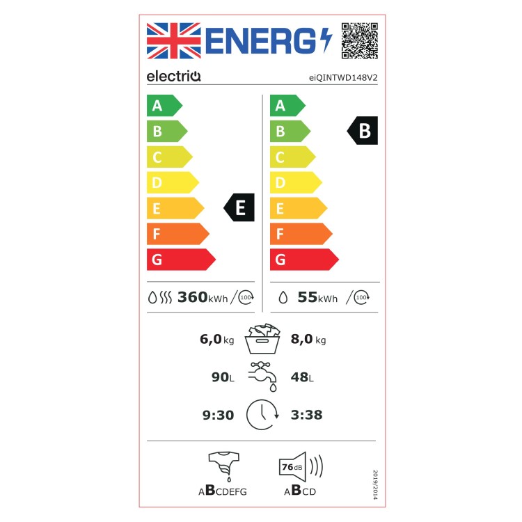 electriQ 8kg Wash 6kg Dry 1400rpm Integrated Washer Dryer - White