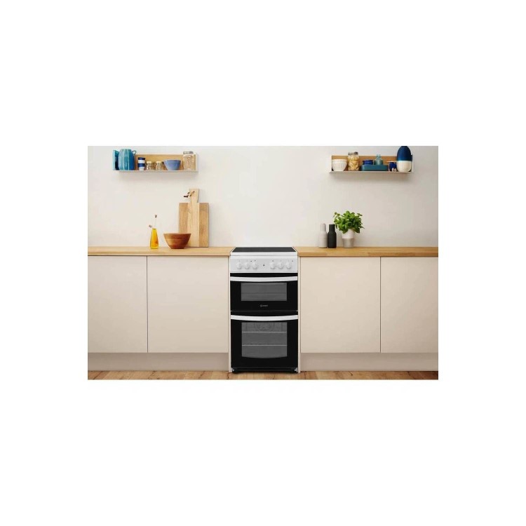 Refurbished Indesit ID5V92KMW 50cm Double Cavity Electric Cooker With Ceramic Hob White