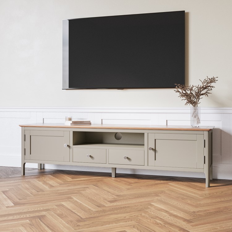 Large Dove Grey & Solid Oak TV Stand with Storage - TV's up to 77" - Adeline