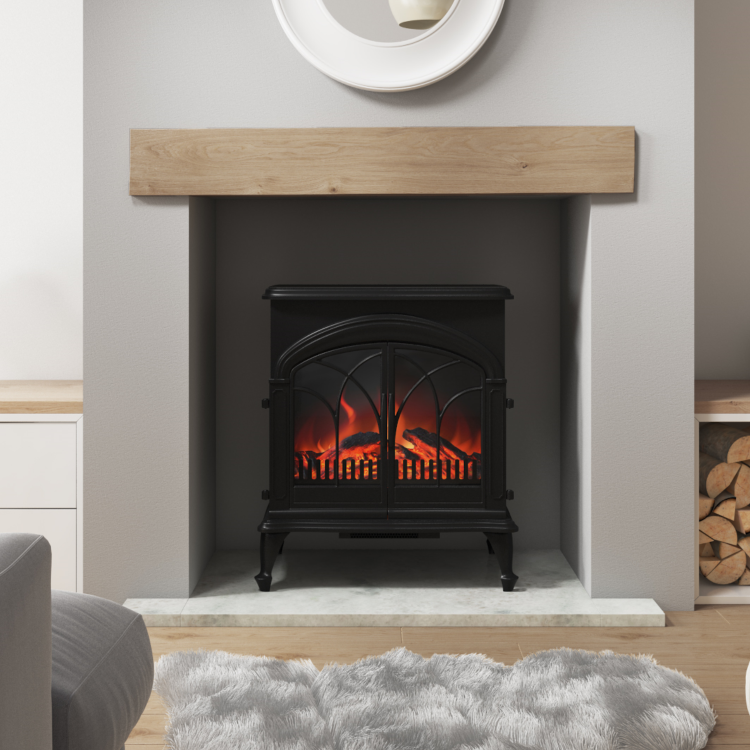 GRADE A2 - AmberGlo Large Electric Stove Fire in Black with Double Doors & Log Fuel Bed