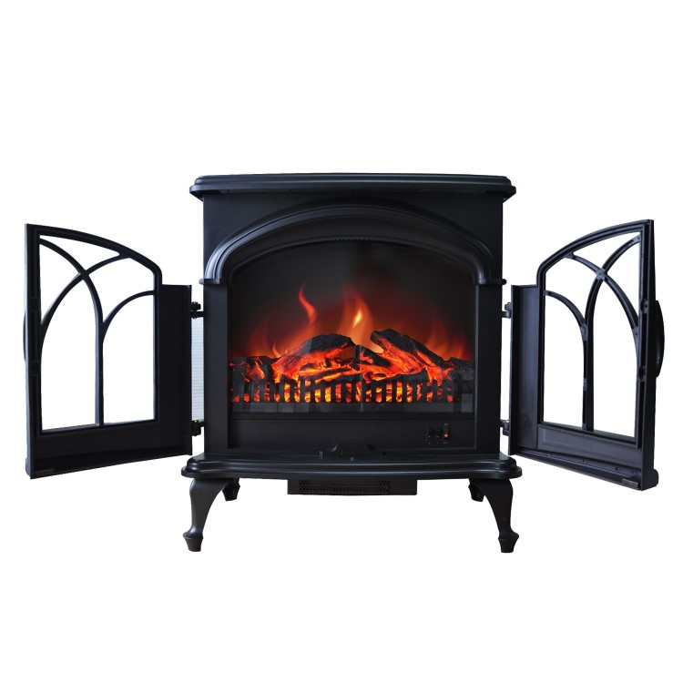 GRADE A2 - AmberGlo Large Electric Stove Fire in Black with Double Doors & Log Fuel Bed