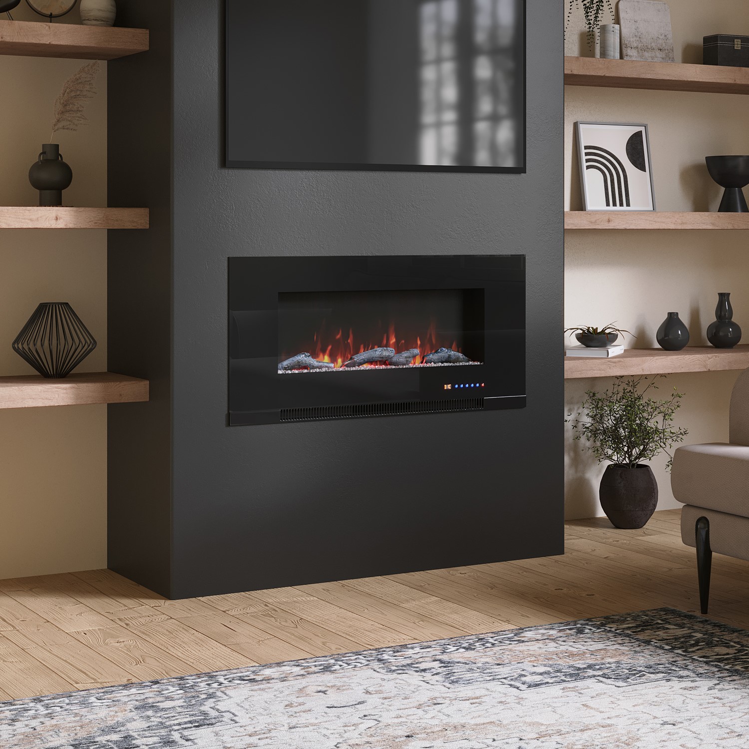 Amberglo Black Wall Mounted Electric Fire With Logs Crystal Fuel Beds 5056096009101 Ebay