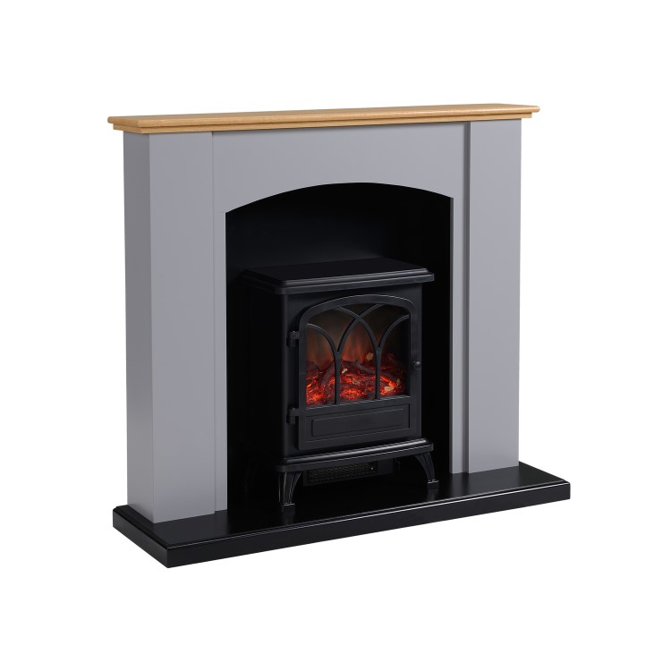 Grey and Wood Two Tone Freestanding Electric Fireplace Suite with Black Stove - Amberglo