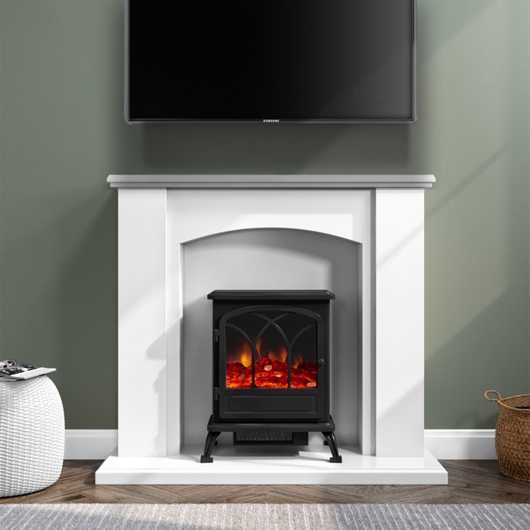 White Freestanding Electric Fireplace Suite with Black Stove - Amberglo