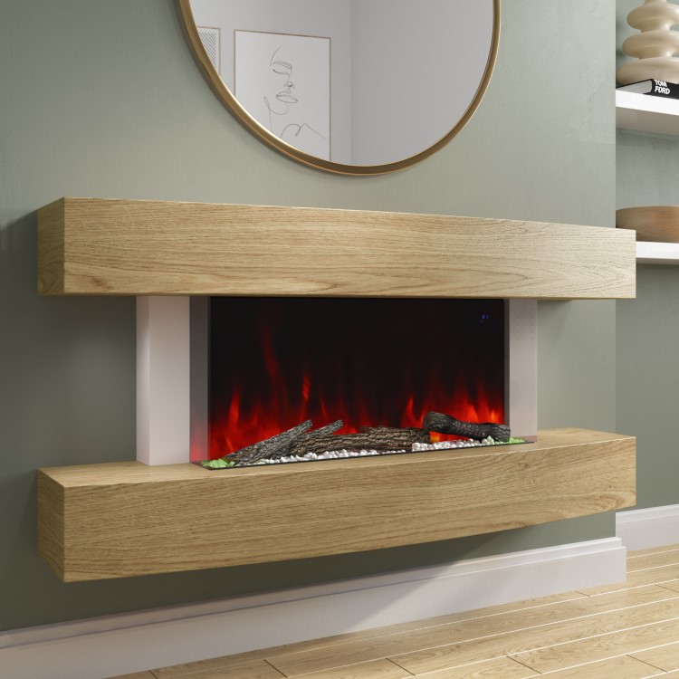 47 Inch Curved Light Oak Effect Wall Mounted Smart Wifi Electric Fire - AmberGlo