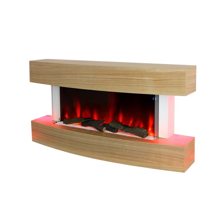 47 Inch Curved Light Oak Effect Wall Mounted Smart Wifi Electric Fire - AmberGlo