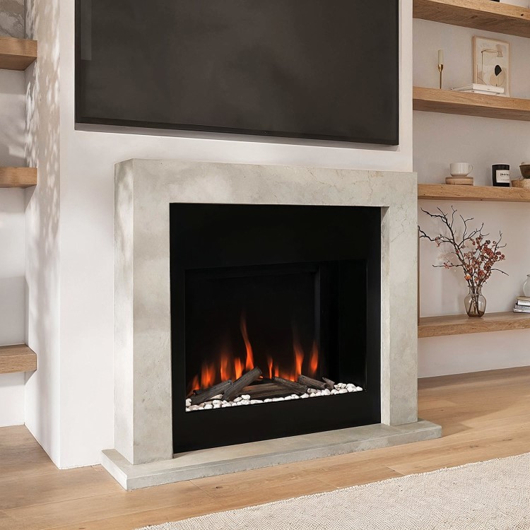 Black & Stone Wall Mounted Electric Fireplace With Logs, Crystals & Pebbles - AmberGlo