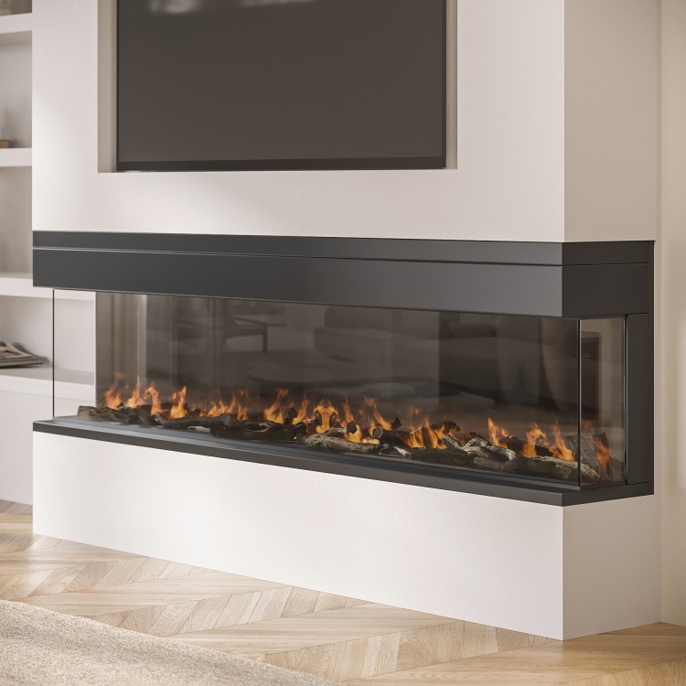 ALMOST PERFECT - Black Inset Media Wall Electric Fireplace with Glass Configurated Front and Sides 70 Inch - Amberglo