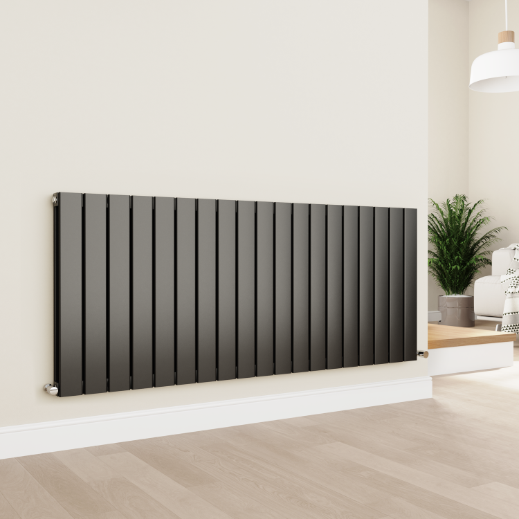 Eco Eleganza Midnight Black Horizontal Flat Designer Aluminium Radiator 600x1425mm Double Panel 5807 BTU