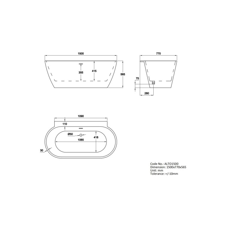 GRADE A1 - Freestanding Double Ended Back to Wall Bath 1500 x 770mm - Alto